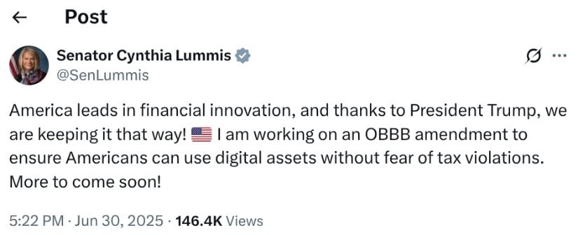 Senator Lummis X post.