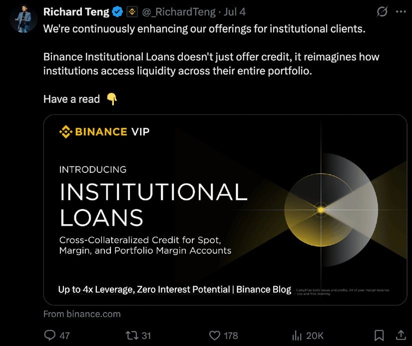 Institutional Loans Mark Binance’s Latest Bid for Capital-Heavy Clients