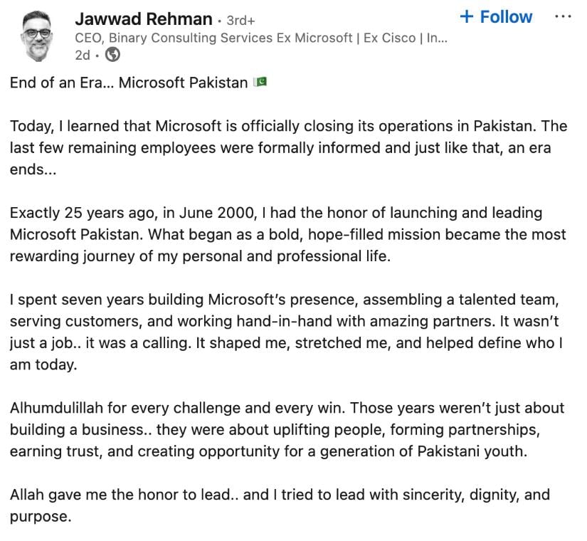 Rehman's post on LinkedIn about Microsoft leaving Pakistan.