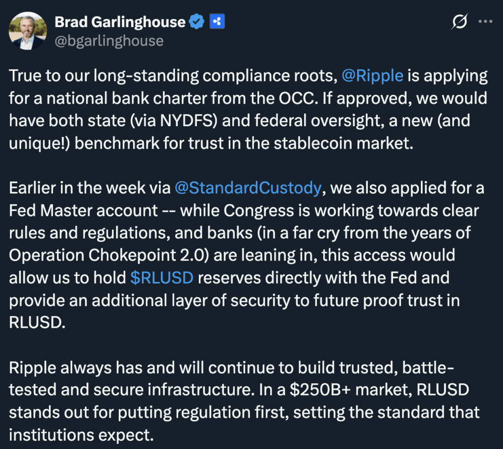 Ripple files for an OCC bank license and a Fed master account, chasing Circle in the stablecoin arms race. XRP pops 3%—is now a good time to buy crypto?